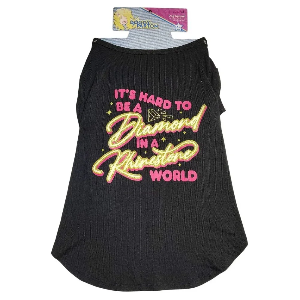 Doggy Parton XL Pet T-Shirt Black Its Hard To Be A Diamond In A Rhinestone World